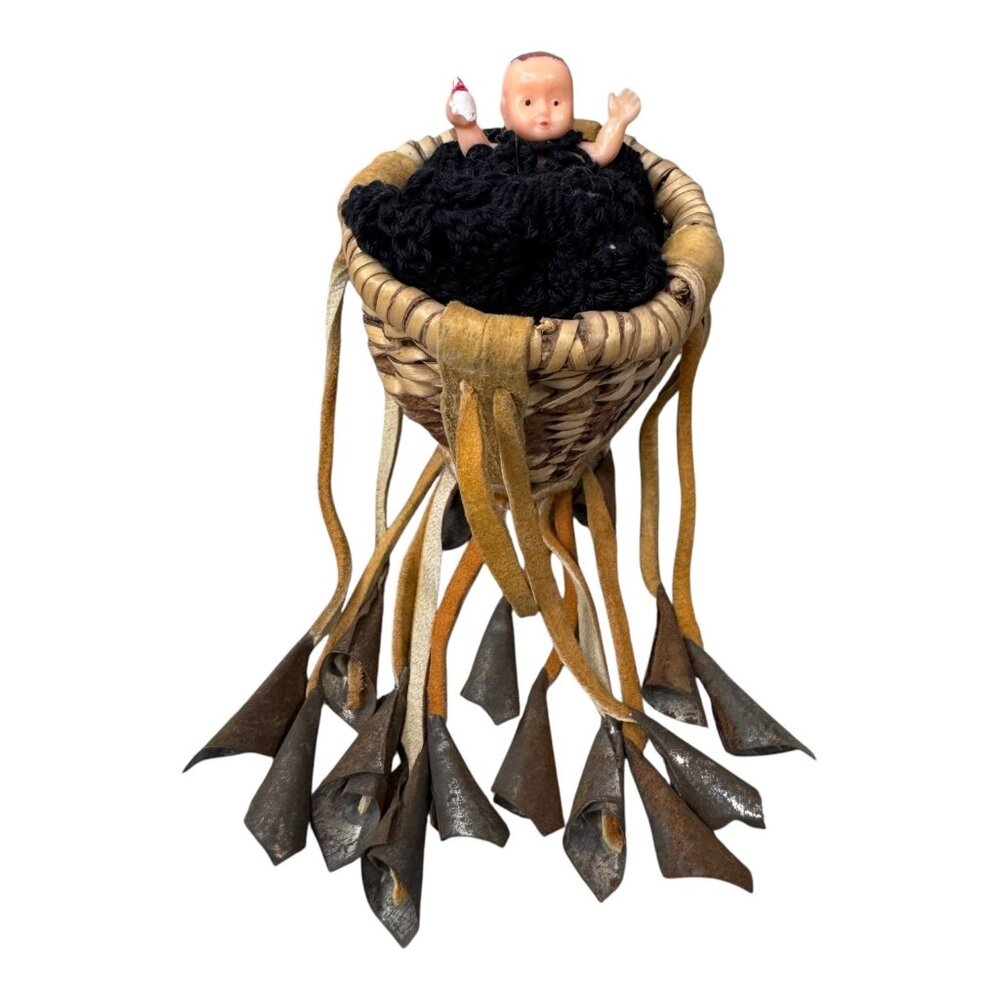 Vintage Apache Burden Basket Handcrafted Native Woven Baby Doll & Leather Fringe